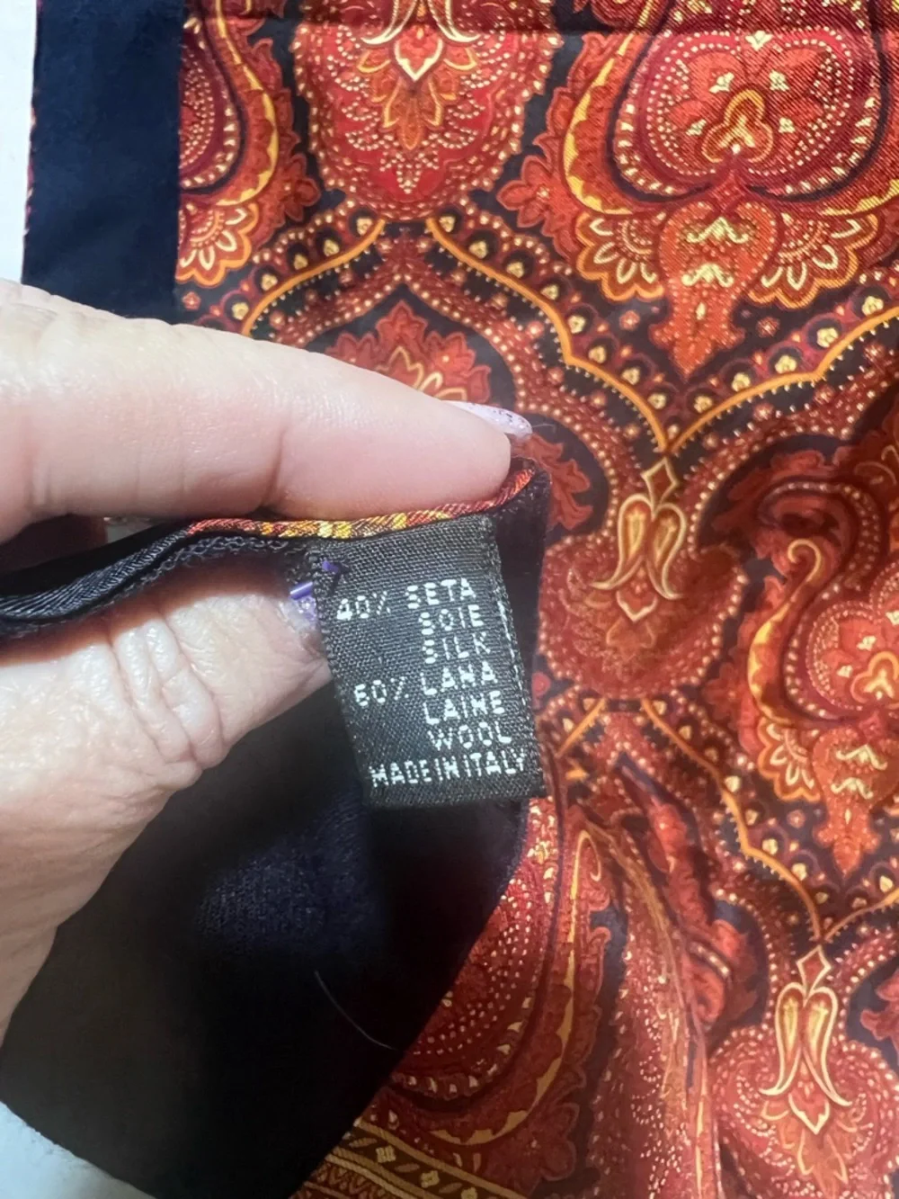 Vintage Italian Paisley Wool and Silk Scarf Red Orange Gold With Navy Fringe Lux